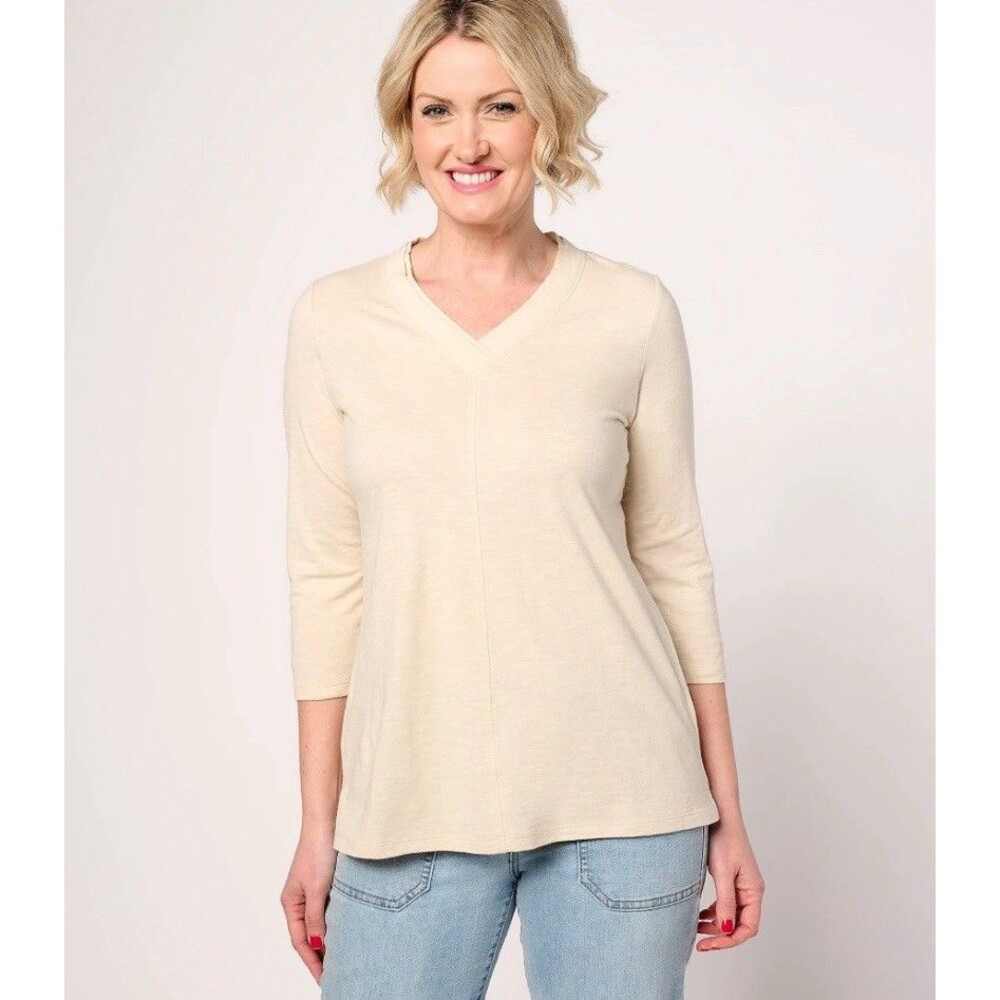 Belle by Kim Gravel TripleLuxe Linen V-Neck 3/4 Sleeve Top Sand Bar 5X New